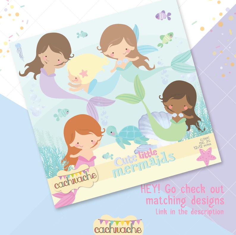 Cute Mermaid Clipart - Young Mermaid girls clipart for Under the Sea Decoration