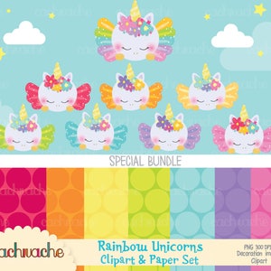 Regenboog eenhoorn Clipart en Digitale papierset Speciale Bundel! Instant Download - Unicorn, Baby, regenboog kleuren - Papel e imágenes digitales