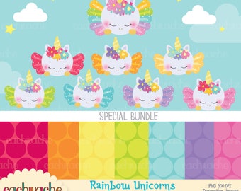 Rainbow unicorn Clipart and Digital paper set Special Bundle! Instant Download - Unicorn, Baby, rainbow colors - Papel e imágenes digitales