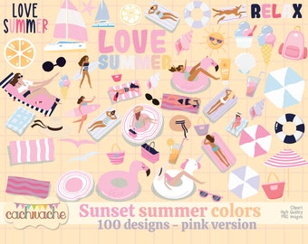 Summer clipart, beach clipart, summer party clipart, vintage summer design, ice cream clipart, pool party clipart 100 designs in PNG in HQ