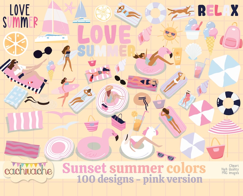 Summer clipart, beach clipart, summer party clipart, vintage summer design, ice cream clipart, pool party clipart 100 designs in PNG in HQ
