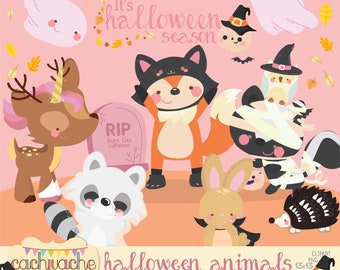 Halloween clipart, halloween animals clipart, cute pink halloween, 21 animals in different costumes design in PNG and JPG in HQ