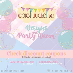 May include: A pastel-colored promotional graphic for "cachivache" featuring balloons, confetti, and text. The text includes "Designs and Party Decor" and discount codes. The background has a geometric pattern.
