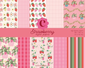 Strawberry Floral Digital Paper: Pink & Green Berry Patterns - 10 JPG, PNG for Scrapbook, Teachers and Business projects