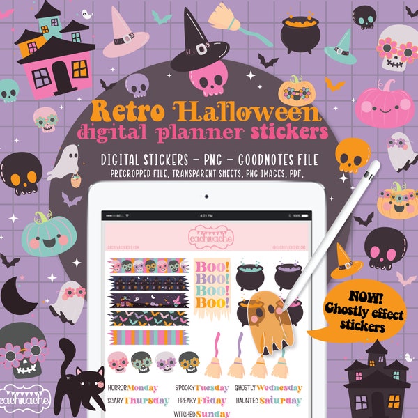 retro halloween digital planner stickers, goodnotes precropped stickers, halloween stickers, everyday digital stickers, halloween clipart
