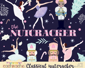 May include: A digital illustration of the Nutcracker ballet. The image features a pink and blue color scheme with a dark blue background. The illustration includes a mouse king, a nutcracker soldier, and ballerinas. The text "the Nutcracker" is written in pink letters with a white snowflake pattern. The text "Classical Nutcracker" is written in black letters with a white snowflake pattern. The text "Clipart PNG, JPG 13x13 inches" is written in black letters.