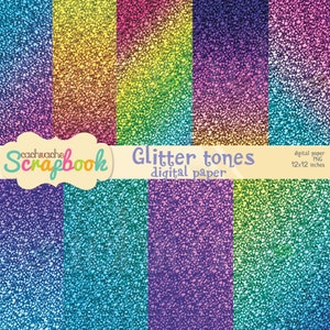 Puede incluir: Un conjunto de 8 papeles digitales con una textura de purpurina en varios colores, incluyendo azul, verde, morado, rosa y amarillo. Los papeles son de 30,5 x 30,5 cm y están etiquetados como "Glitter tones digital paper".
