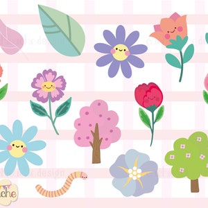 Cute spring PNG clipart collection with pastel floral elements, happy characters and commercial use license included