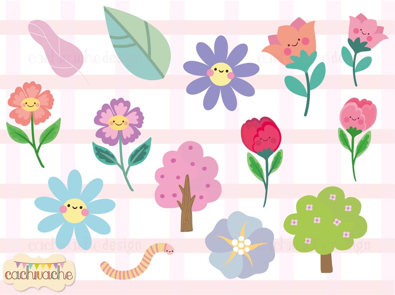 Cute spring PNG clipart collection with pastel floral elements, happy characters and commercial use license included