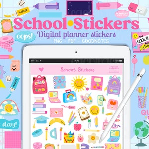 Puede incluir: Un conjunto de pegatinas digitales para planificador con temática escolar. Las pegatinas presentan una variedad de imágenes coloridas, incluyendo mochilas, lápices, libros y un sol sonriente. El texto "School Stickers" se muestra en letras rosas y negras.