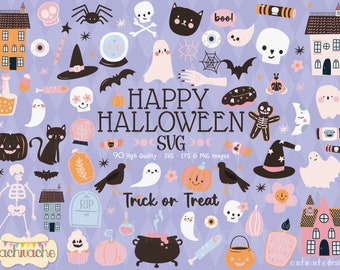 Halloween SVG Pack- 90 diseños de Halloween en tono pastel, Clipart de Halloween rosa, Pack de 90 archivos de corte en SVG, eps y png