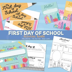 May include: A collection of colorful back-to-school activity sheets. The bundle includes "My First Day of School" pennants, "Hello!" cards, certificates, and an "About Me" worksheet. The design features pencils, crayons, and apples.