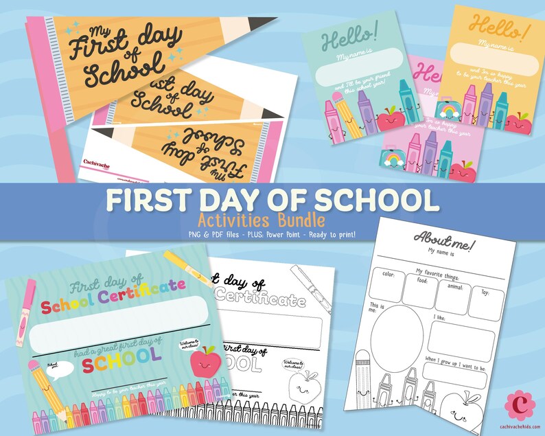 May include: A collection of colorful back-to-school activity sheets. The bundle includes "My First Day of School" pennants, "Hello!" cards, certificates, and an "About Me" worksheet. The design features pencils, crayons, and apples.