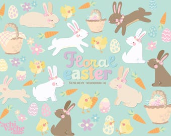 Easter Bunny Clipart PNG – Cute Easter Bundle with Chicks Eggs Flowers Baskets – 55 Pastel Graphics – Commercial Use