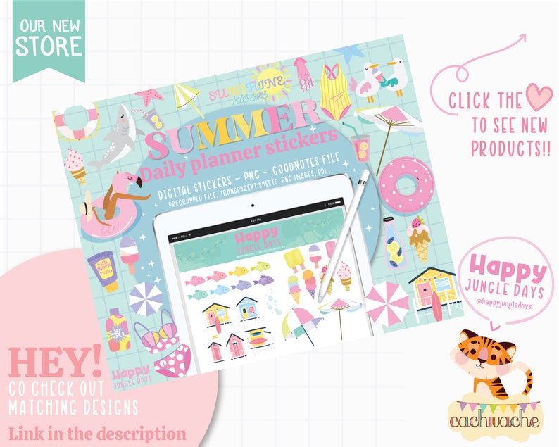 Summer digital planner stickers. Precropped stickers for goodnotes. Link in description - Happyjungledays