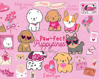 Valentine Puppies Clipart Bundle: Cute Dog Valentines PNG, Puppy Love Graphics, Kawaii Dogs Clipart, Sublimation Stickers, 50 images.