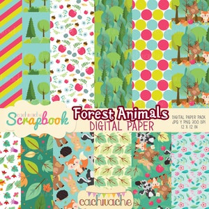 Wald Tiere digitales Papier, Wald Tiere Scrapbook Papier, Wald Papierdesign, Rentier Clipart, Frühlings digitales Papier, Wald Clipart
