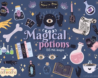 Puede incluir: Un conjunto de 55 ilustraciones digitales que representan pociones mágicas, estrellas, ojos, manos, huesos, libros y rollos. Las ilustraciones están en un estilo caprichoso con un fondo azul oscuro y acentos rosados, morados y dorados. El texto "Pociones mágicas" aparece en el centro de la imagen.