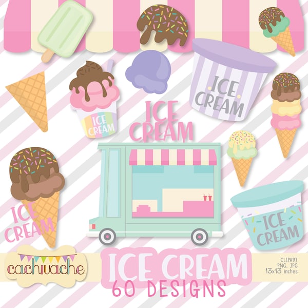 Ice cream clipart, ice cream truck clipart, sundae clipart, summer ice cream cones clipart, ice cream clipart set - JPG and PNG in HQ