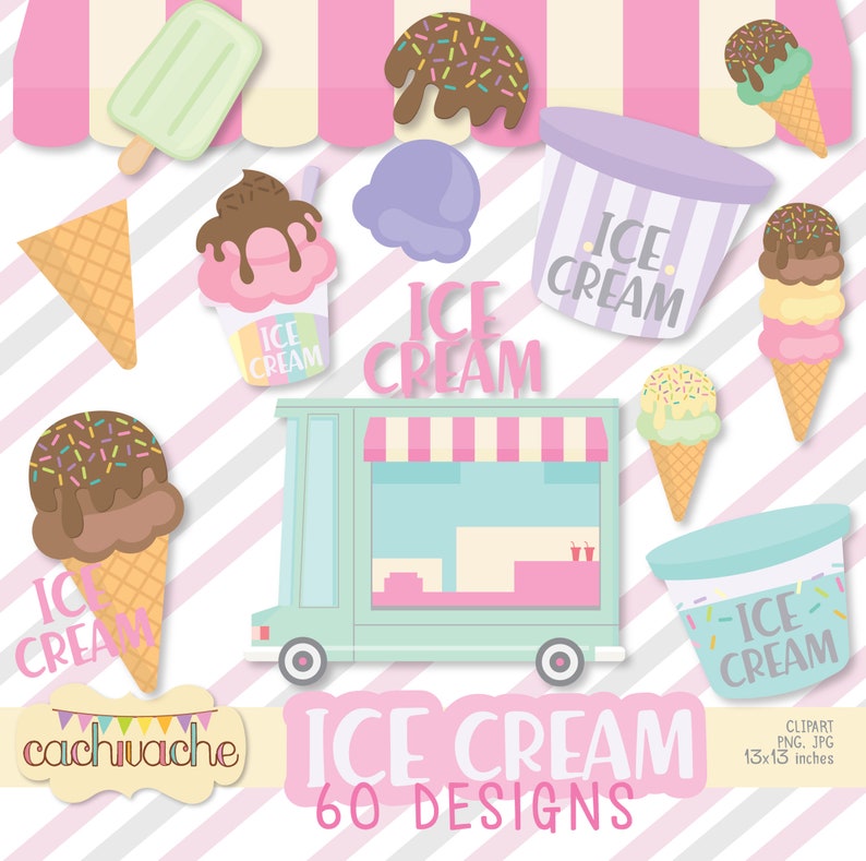 Ice cream clipart, ice cream truck clipart, sundae clipart, summer ice cream cones clipart, ice cream clipart set - JPG and PNG in HQ