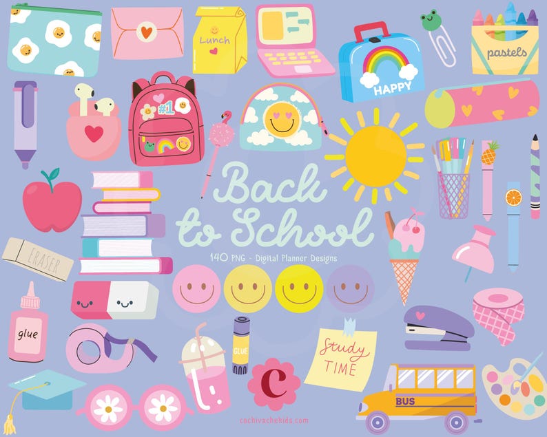 Back To School Classroom Clipart, 140 PNG images for Teacher Binder, Bulletin Board and Classroom Decoration. Cute Teacher graphics for Digital Download in PNG format.