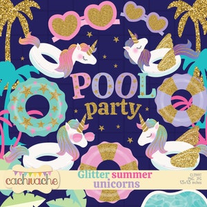 summer clipart, summer glitter unicorn float clipart, pool party clipart, unicorn float clipart, glitter unicorn clipart in PNG in HQ