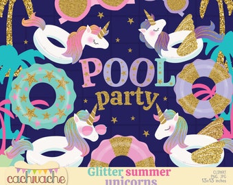 Summer Clipart, Summer Glitter Unicorn Float Clipart, Pool Party Clipart, Unicorn Float Party Clipart, Summer Pool Party Themed Decor PNG