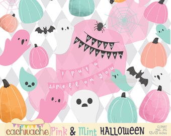 halloween clipart, pink halloween clipart, mint halloween clipart, watercolor Halloween design for party decoration, in PNG - JPG in HQ