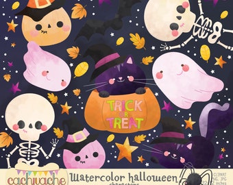 Watercolor halloween clipart, halloween characters clipart, pumpkin, bat, cat, skeleton and more in JPG and PNG HQ