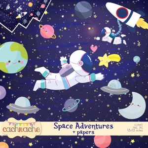 Weltraum Clipart, Astronaut Clipart und digitale Papiere. Universum Design mit Astronaut, Sternen, Planeten, Raumschiffen, Außerirdischen in JPG und PNG Dateien