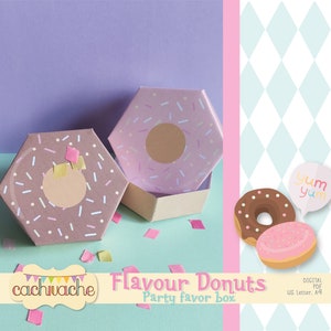 May include: Printable donut party favor box template. The box is shaped like a donut with pink frosting and sprinkles. The text on the image reads "Flavour Donuts Party favor box".