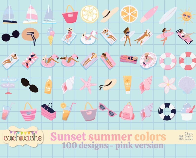 Summer clipart, beach clipart, summer party clipart, vintage summer design, ice cream clipart, pool party clipart 100 designs in PNG in HQ