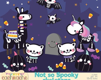 skeletons clipart -Not so spooky Halloween clipart - cute animal clipart - unicorn, llama, kittens, bats and pumpkins HD Instant download