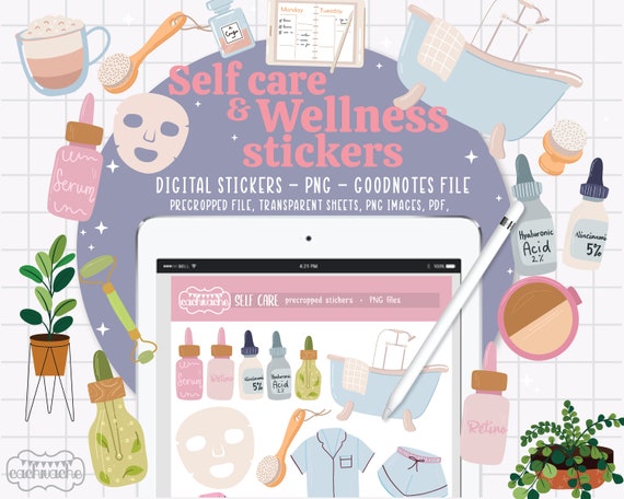 Wellness Digital Planner Stickers, +100 Selfcare routine Stickers, Precropped Goodnotes stickers, Noteful Stickers, for Digital Planner apps