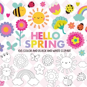 Pacchetto di clipart primaverili in formato PNG, simpatici fiori primaverili Kawaii, sole, arcobaleno, ape, farfalla, clipart, 66 PNG a colori e in bianco e nero, per lavoretti didattici.