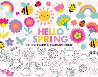 Spring Clipart PNG Bundle, Cute Kawaii Spring Flowers Sun Rainbow Bee Butterfly Clipart, 66 PNG Color and Black White, Teacher Crafts