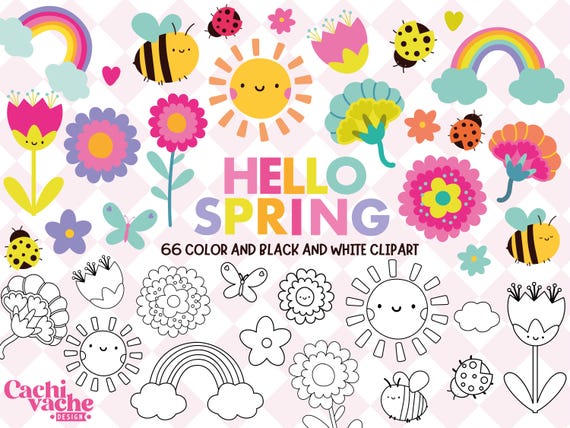 Spring Clipart PNG Bundle, Cute Kawaii Spring Flowers Sun Rainbow Bee Butterfly Clipart, 66 PNG Color and Black White, Teacher Crafts