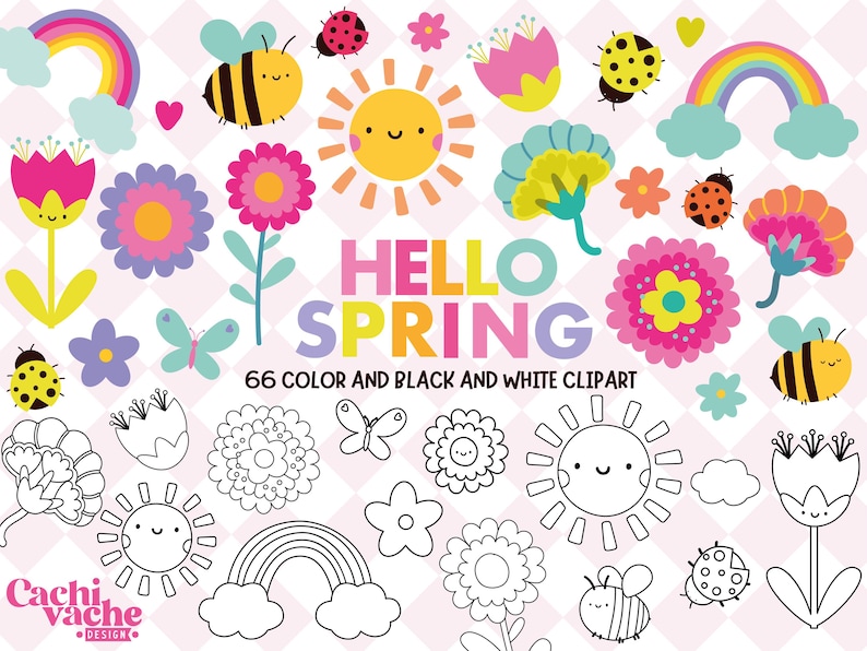 Spring clipart png bundle with cute kawaii flowers, rainbows, bee, butterfly graphics and more, for classroom decoration and teacher resources