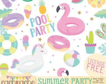 Clipart fête d&#39;été au bord de la piscine, clipart fête de la piscine Licorne flamant rose, clipart flamant rose, clipart licorne - PNG, JPG, Ai et EPS. Sans licence