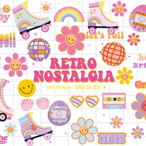90s Clipart Bundle PNG, Retro Groovy Roller Skate and Smiley Daisy Graphics, Hippie Boho Set for Classroom Decor & Party, 102 PNG