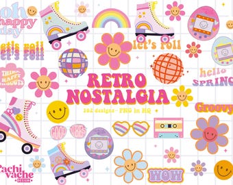 Pacchetto di clipart PNG anni '90, grafica retrò con pattini a rotelle e margherite sorridenti, set hippie boho per decorazioni per aule e feste, 102 PNG