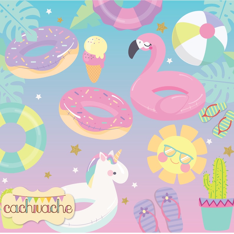 Summer pool party clipart, flamingo unicorn pool party clipart, flamingo clipart, unicorn clipart - PNG, JPG, Ai and EPS. License free