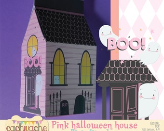 Halloween Printable favor box - Pink Halloween Haunted house party favor box, PDF and PNG in 2 sizes - Ready to print. Digital download