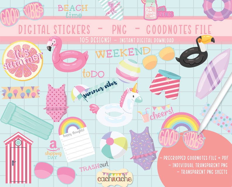 Summer Digital Stickers for GoodNotes, Pre-cropped Digital Planner Stickers, Beach Stickers, Goodnotes stickers, printable stickers, PNG