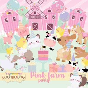 Clipart anniversaire animaux de la ferme PNG pour fille | 35 fêtards roses dans la basse-cour | Graphiques de ferme pour faire de jolies invitations et faire du scrapbooking