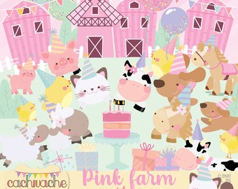 Pink farm party clipart, farm clipart, party clipart, farm animals clipart, pink version cute farm party decorations in PNG or JPG in HQ