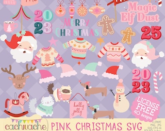 Pink Christmas Clipart SVG: Holiday Dogs, Ugly Sweaters, Santa, Gingerbread Cookie in Digital files (plus dxf, eps, JPG and PNG)