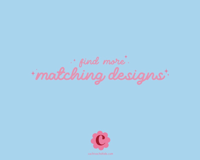 May include: Light blue background with the text "find more" above "matching designs" in pink script. A pink flower logo with a "C" in the center is at the bottom, with the website address below.