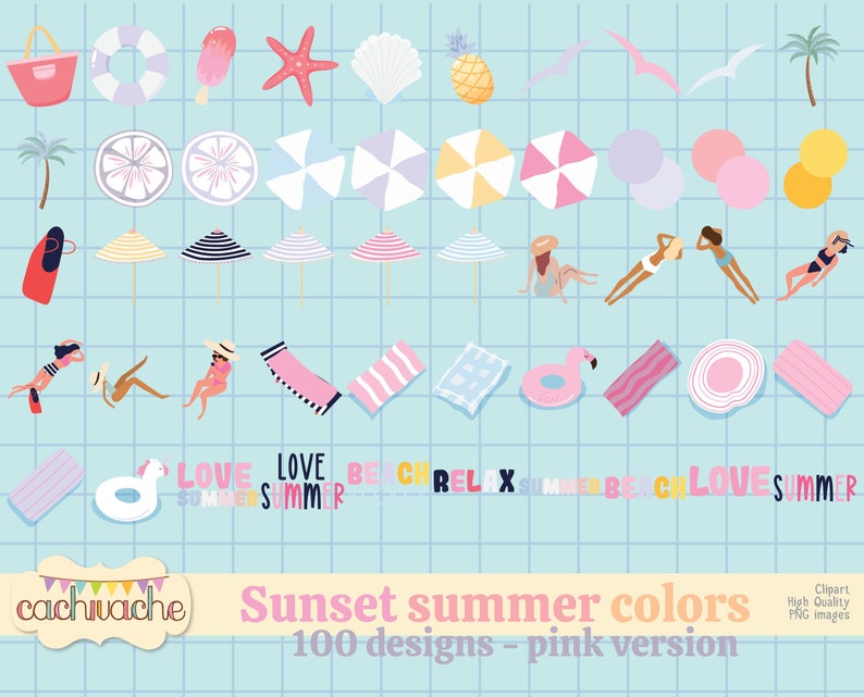 Summer clipart, beach clipart, summer party clipart, vintage summer design, ice cream clipart, pool party clipart 100 designs in PNG in HQ