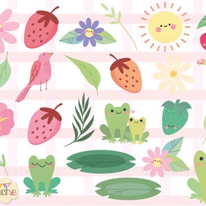 Pastel spring clipart set with cute smiling frogs, flowers, birds, strawberries and sun in high resolution PNG format.